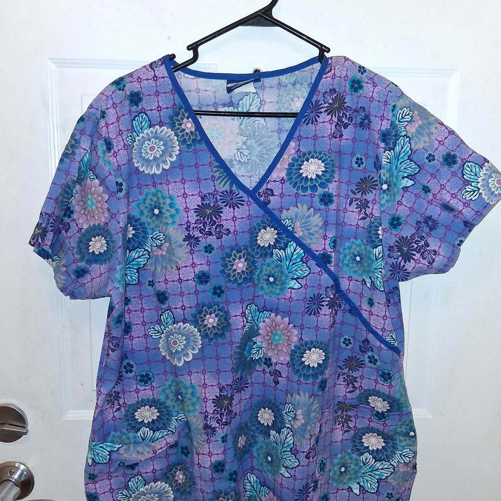 Elegant Floral Wrap Blouse - Purple and Blue Work Nurse Scrubs